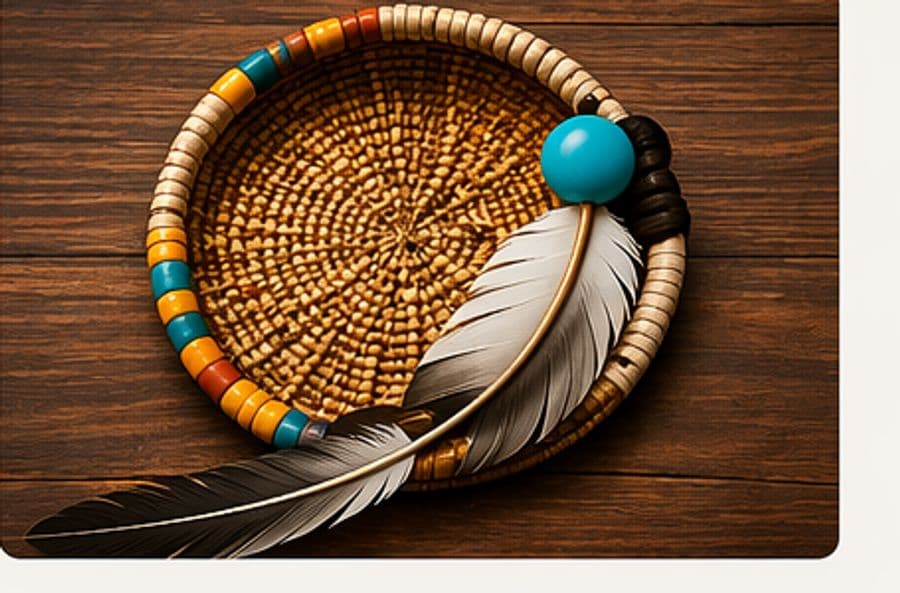 Dreamcatcher and feather on wood