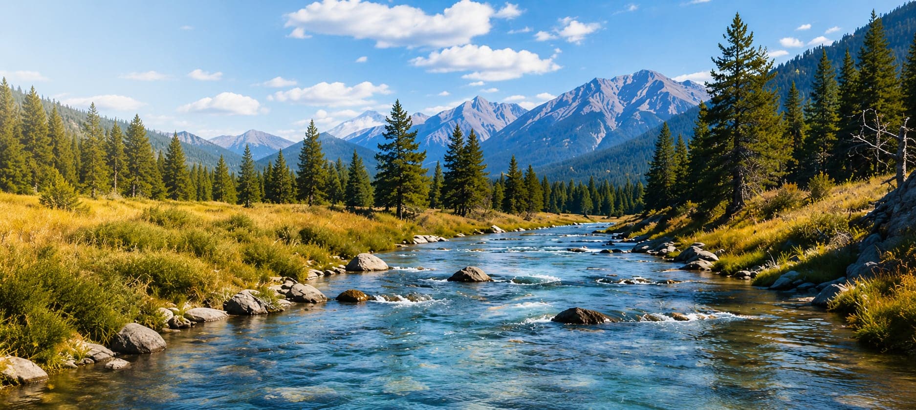 A clear river running through forest and mountains