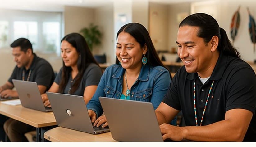 Tribal professionals learning with laptops