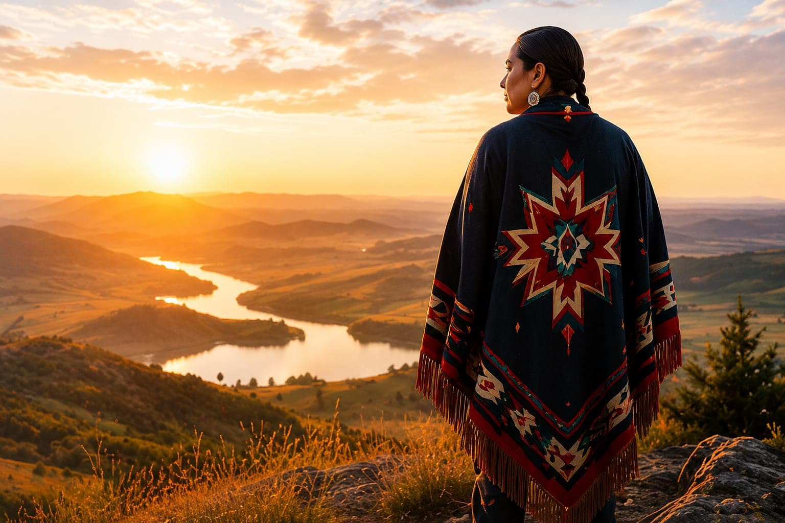 Native woman in star quilt overlooking a valley at sunrise