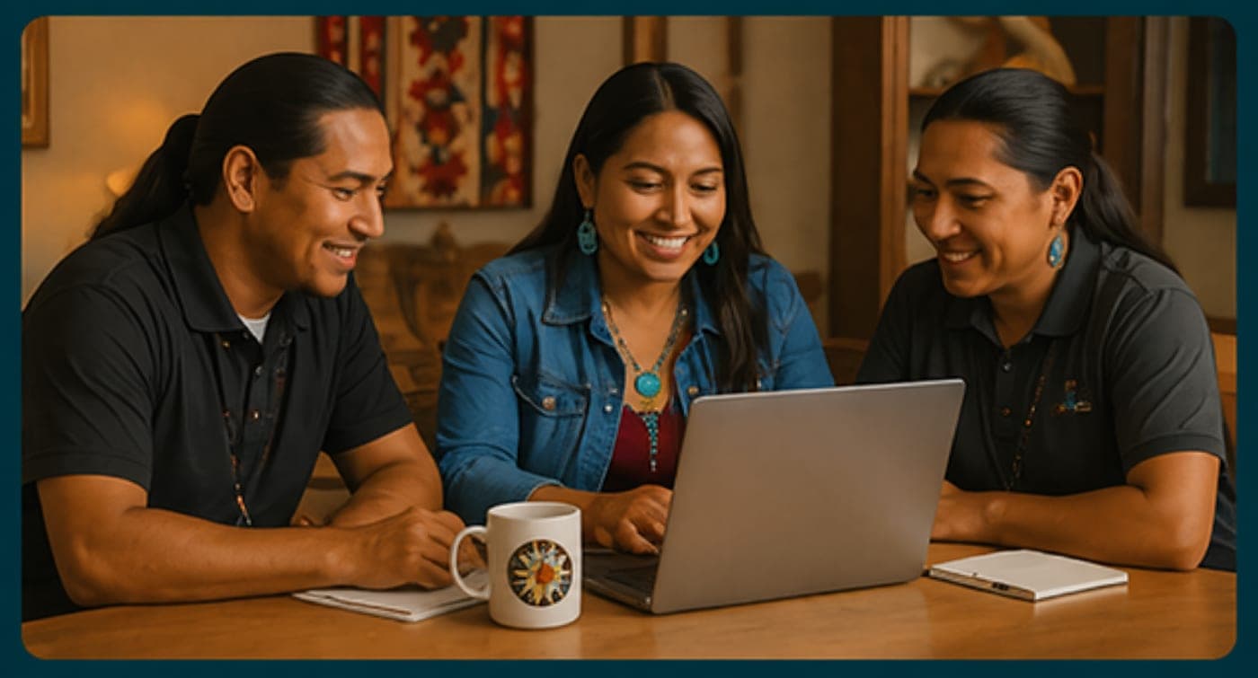 Three tribal professionals collaborating around a laptop