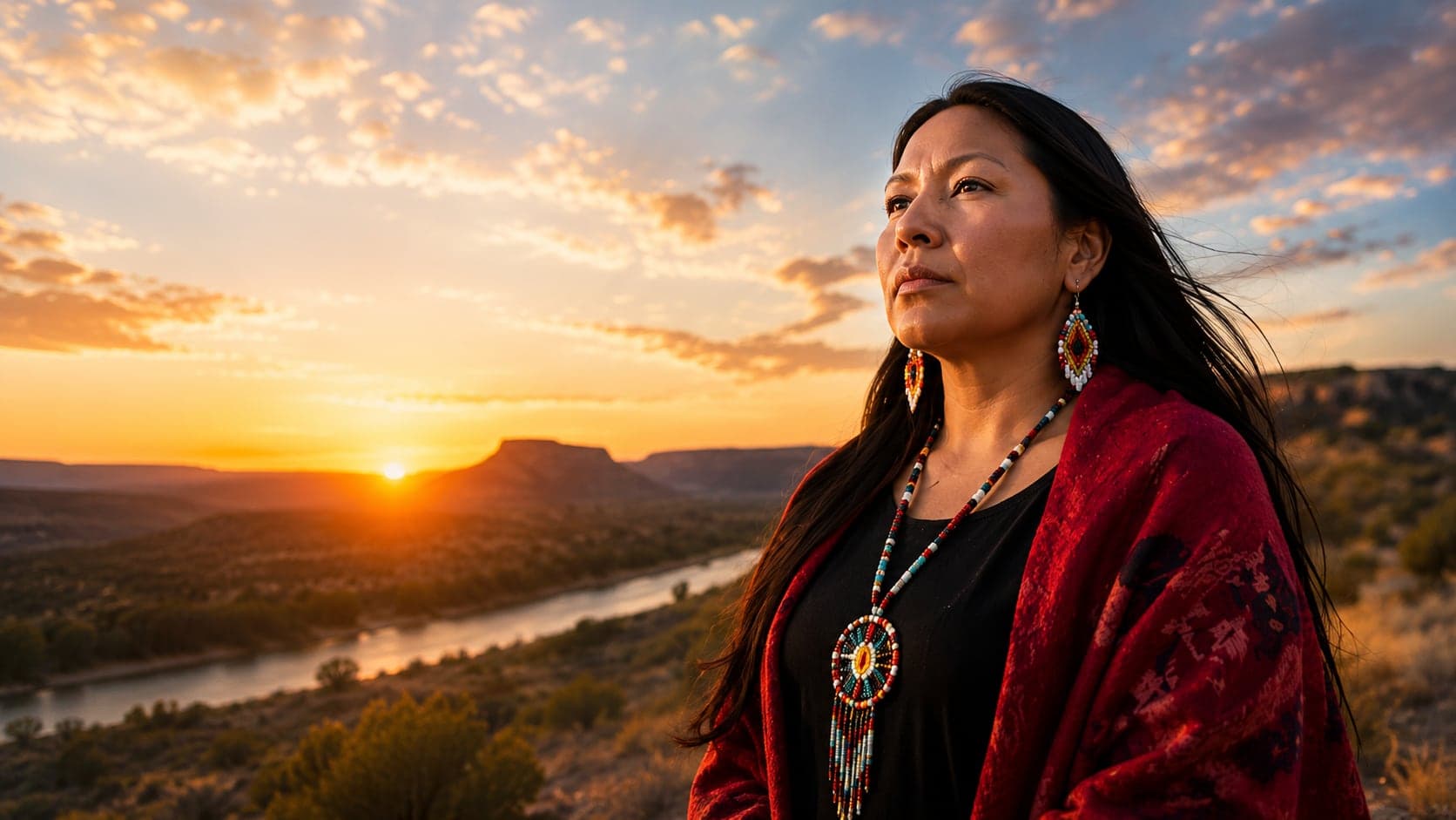 A Native American woman looking out over a river valley at sunset